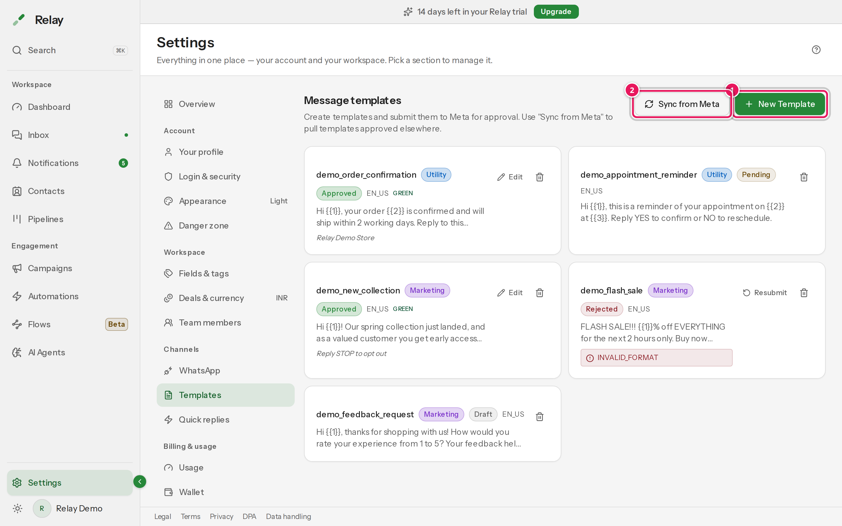 Settings, Templates page listing templates with their category, language and status badges such as Approved and Pending.