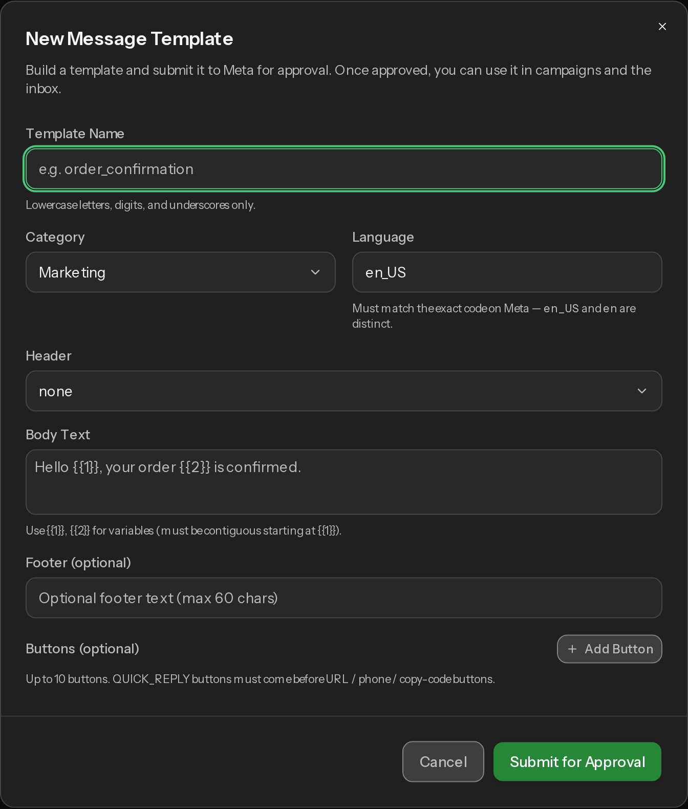 The New Template dialog with Template Name, Category, Language, Header and Body Text fields.