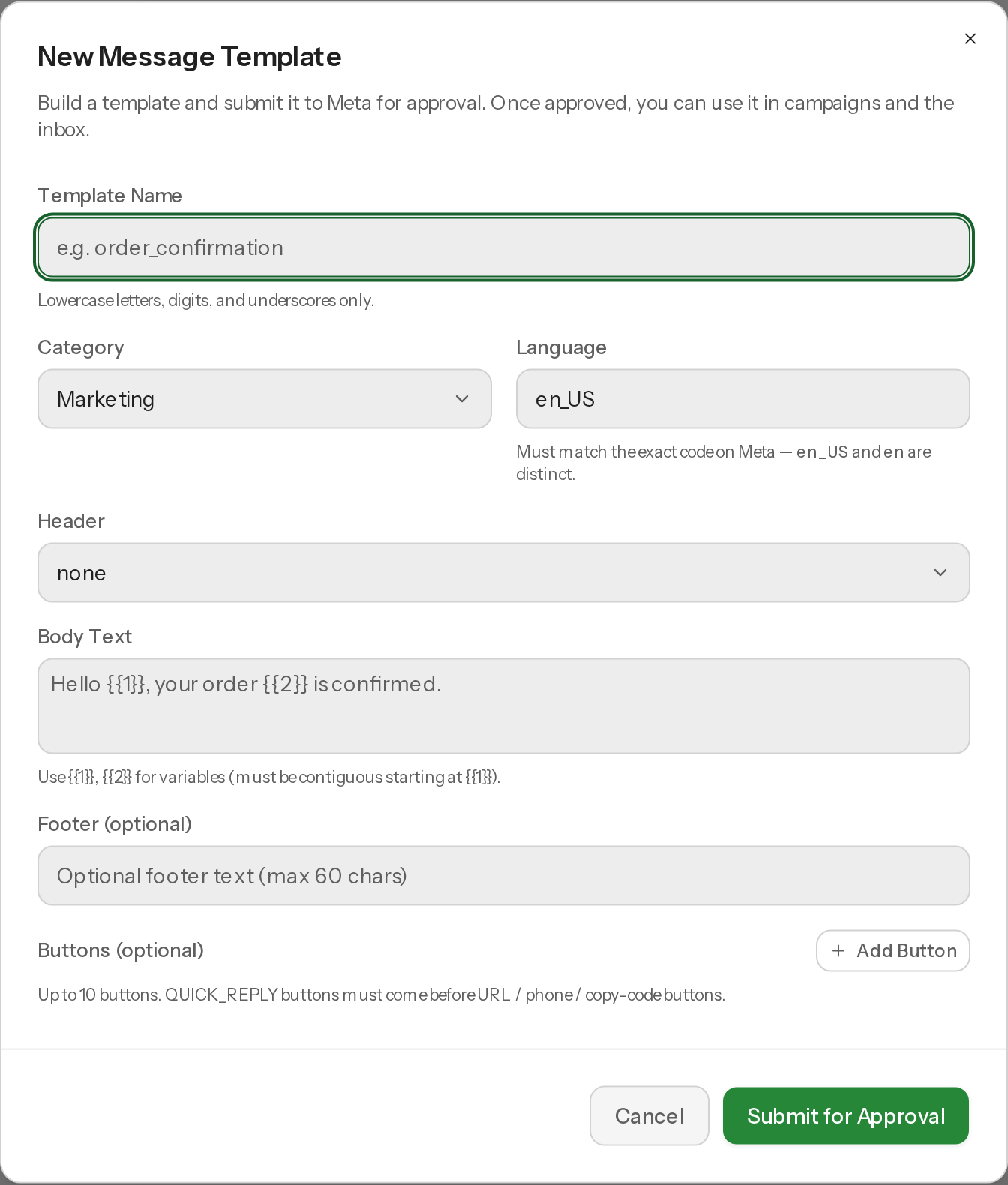 The New Template dialog with Template Name, Category, Language, Header and Body Text fields.