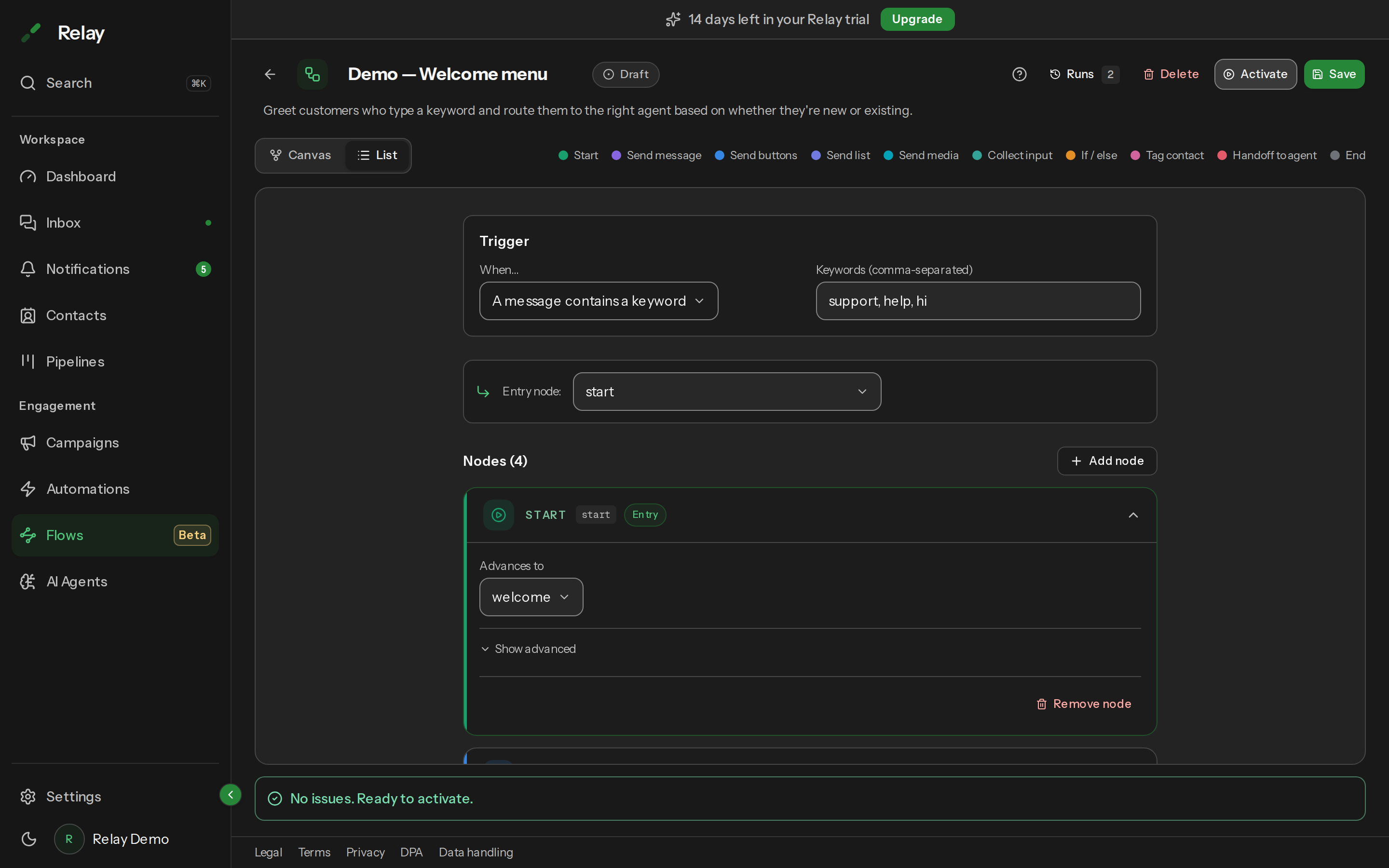 The flow builder in List view, showing the trigger panel above the node list