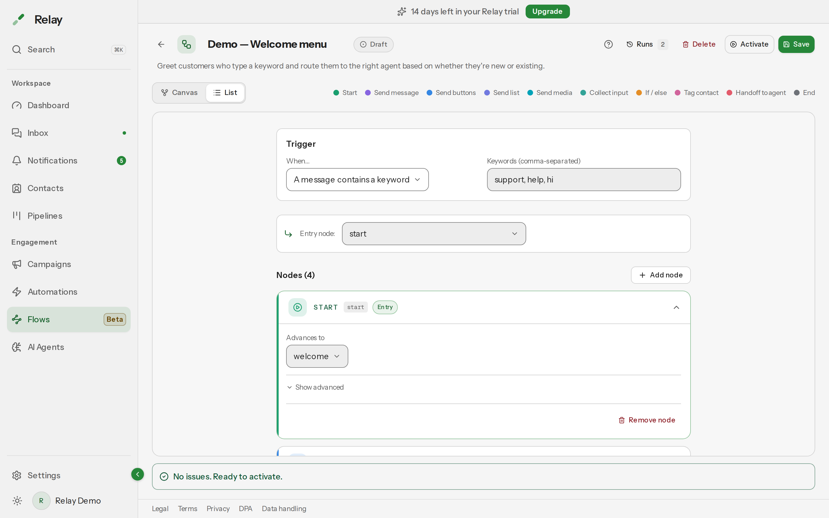 The flow builder in List view, showing the trigger panel above the node list
