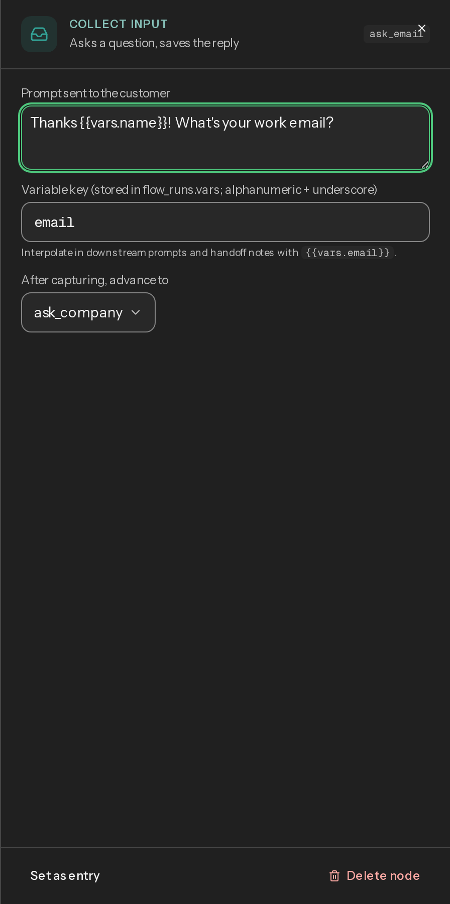The Collect input node editor, showing the prompt text and variable key fields, with no validation or format control visible
