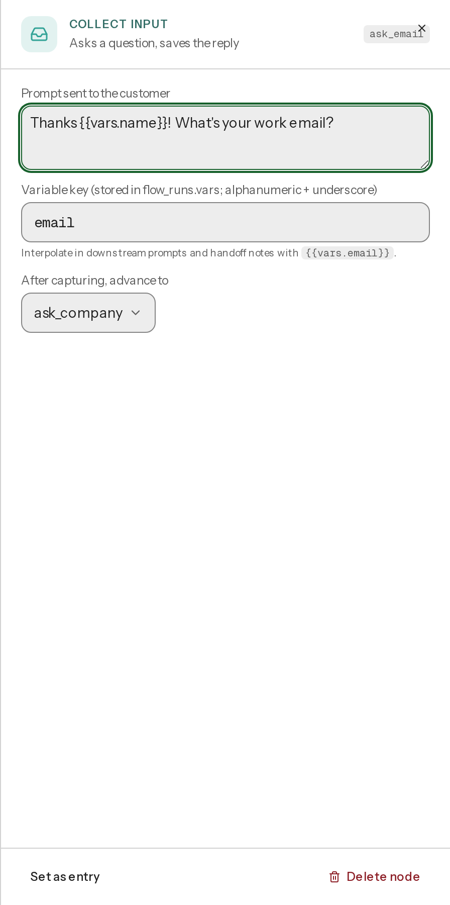 The Collect input node editor, showing the prompt text and variable key fields, with no validation or format control visible