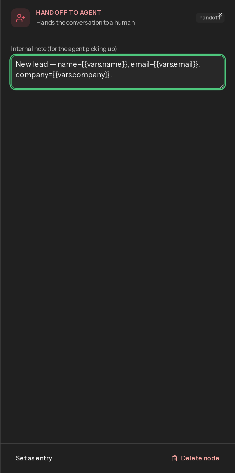 The Handoff to agent node editor from the built-in Lead capture template, showing its Internal note field