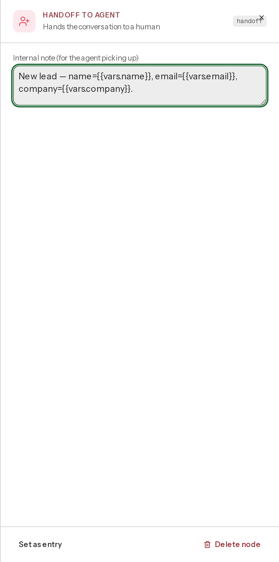 The Handoff to agent node editor from the built-in Lead capture template, showing its Internal note field