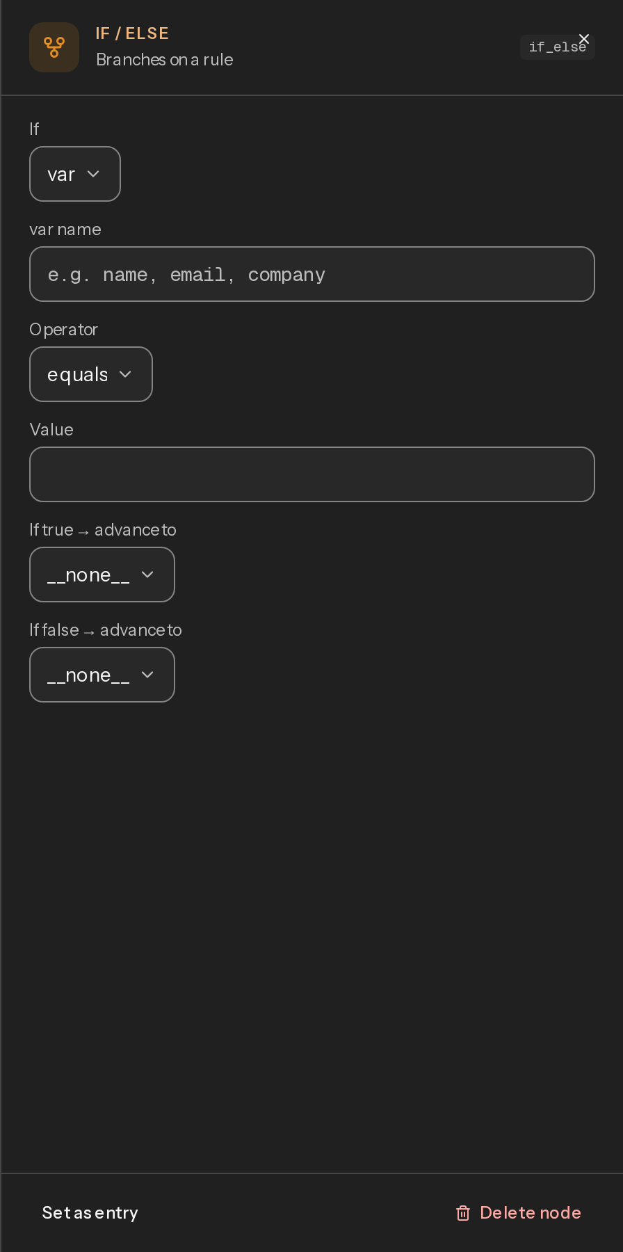 The If/else node editor, showing subject, operator and value fields plus separate next-node dropdowns for the true and false branches