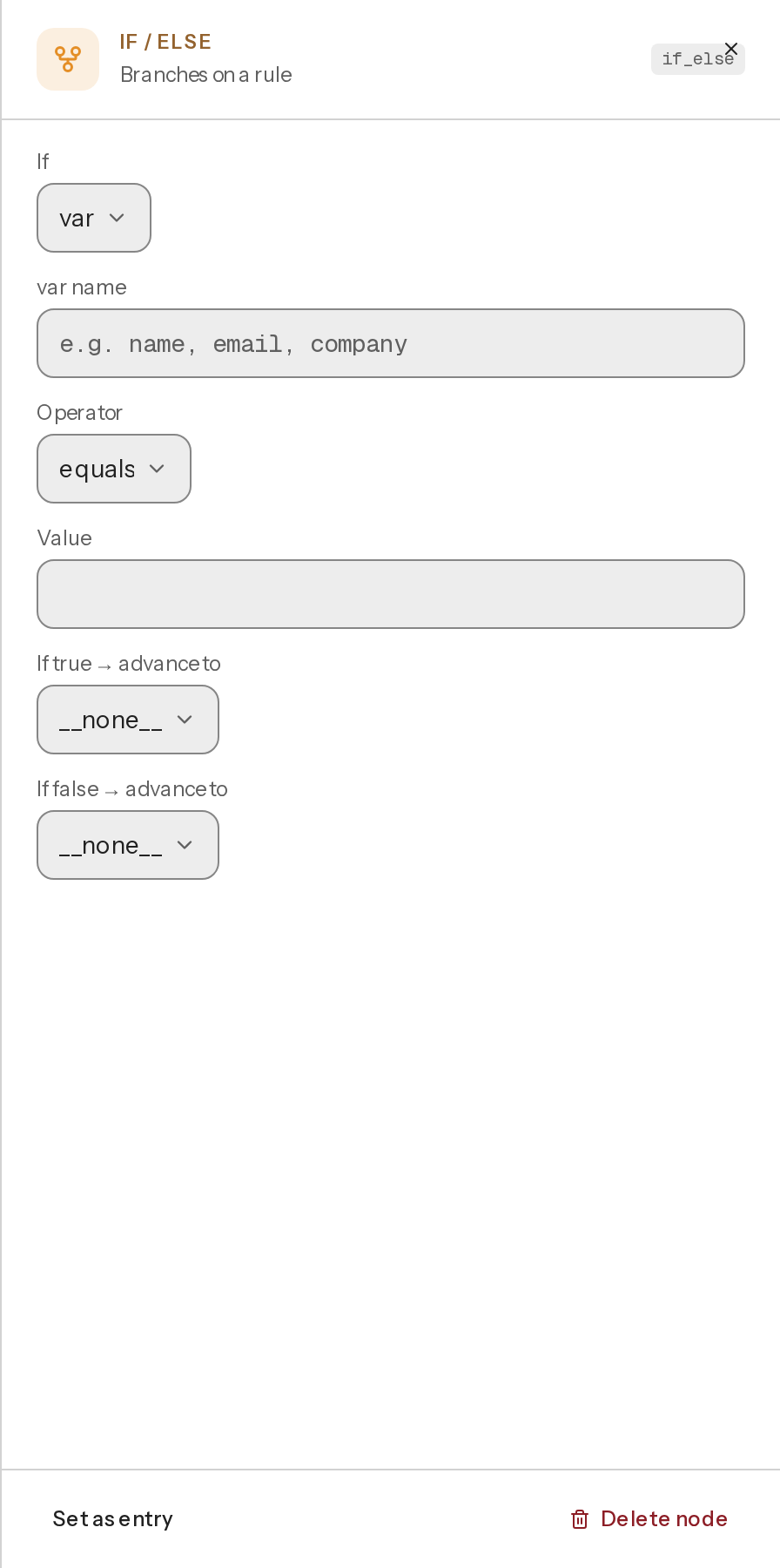 The If/else node editor, showing subject, operator and value fields plus separate next-node dropdowns for the true and false branches