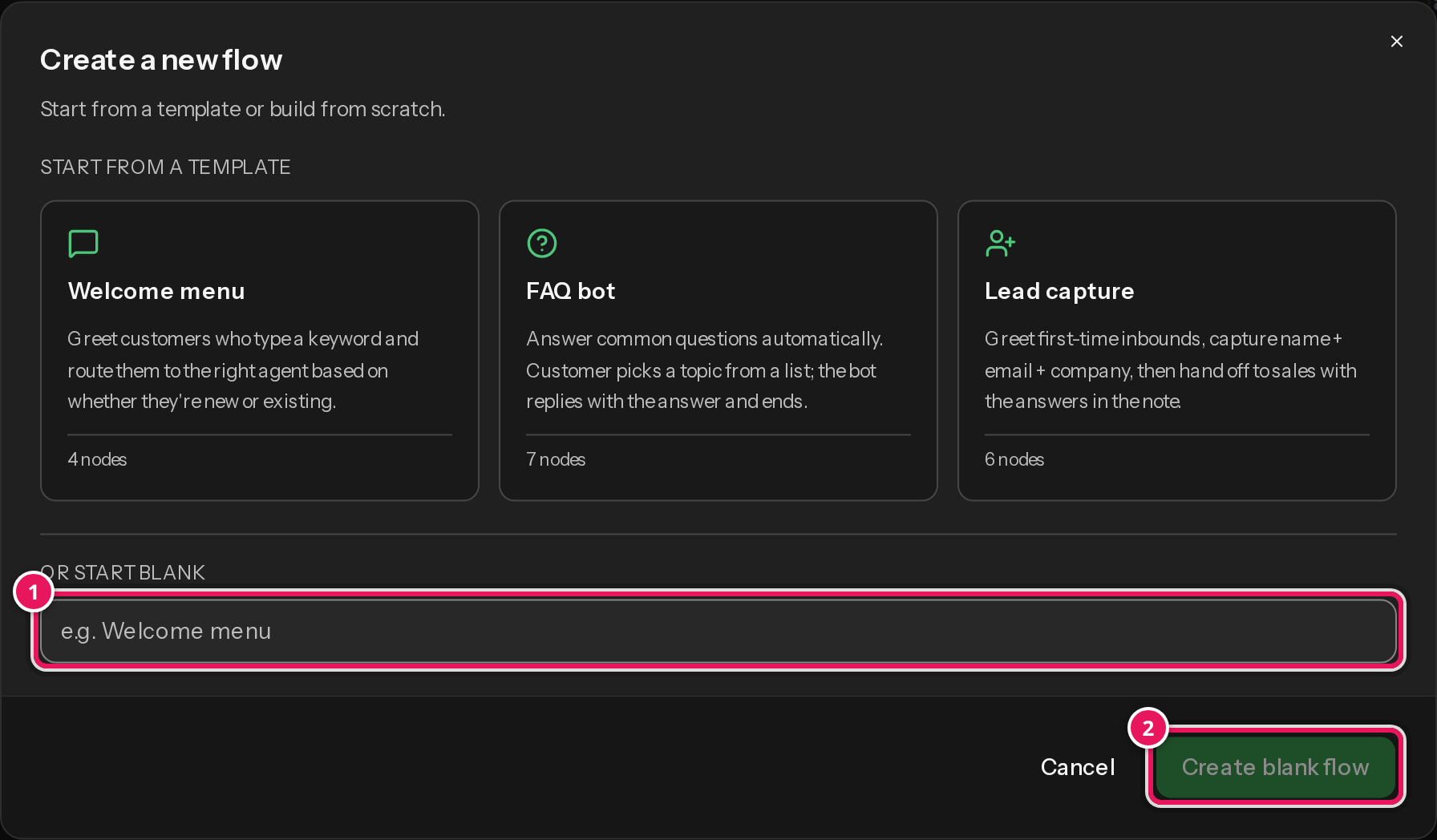 The New flow dialog, with the 'Or start blank' name field and Create blank flow button highlighted