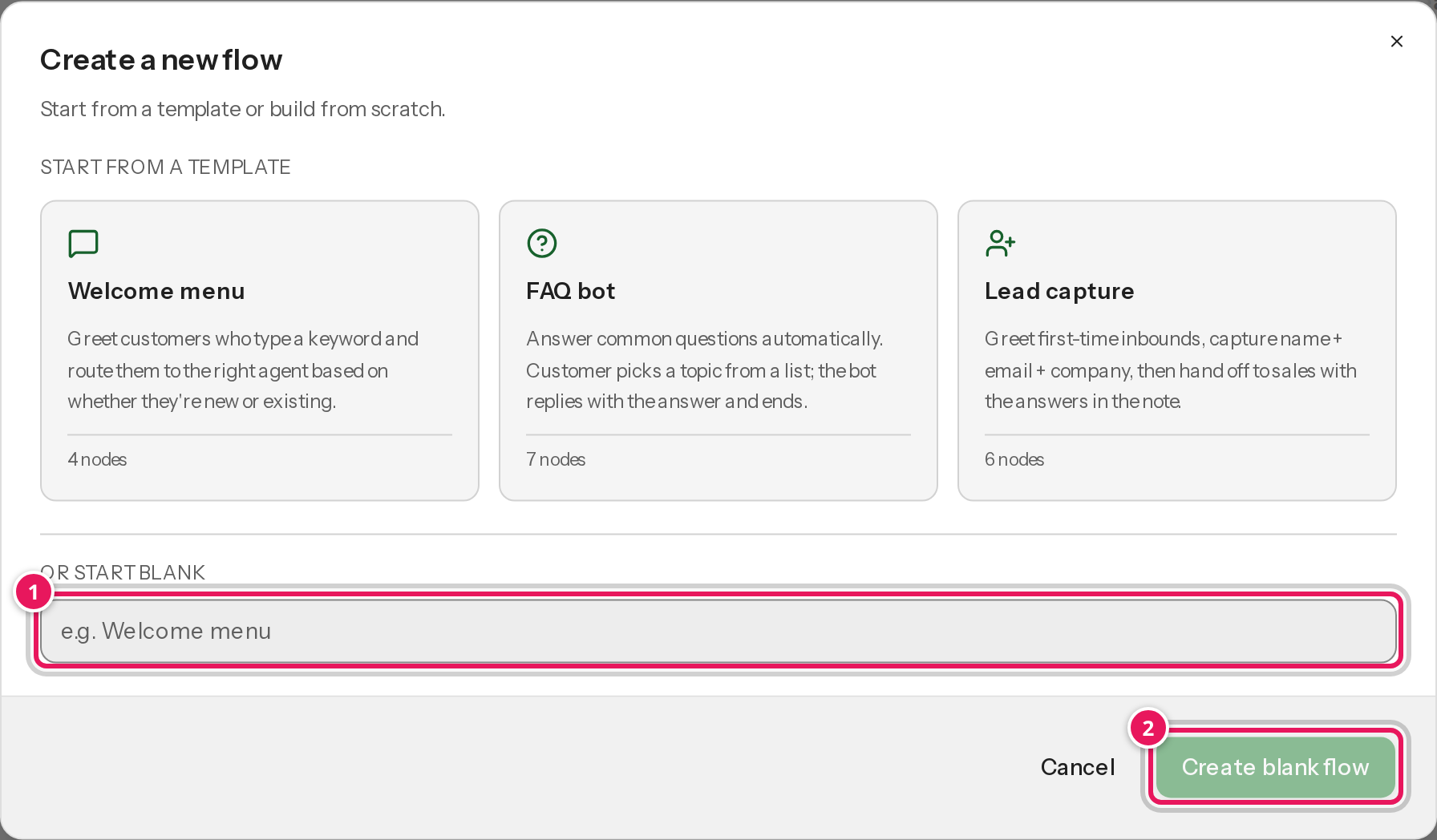 The New flow dialog, with the 'Or start blank' name field and Create blank flow button highlighted
