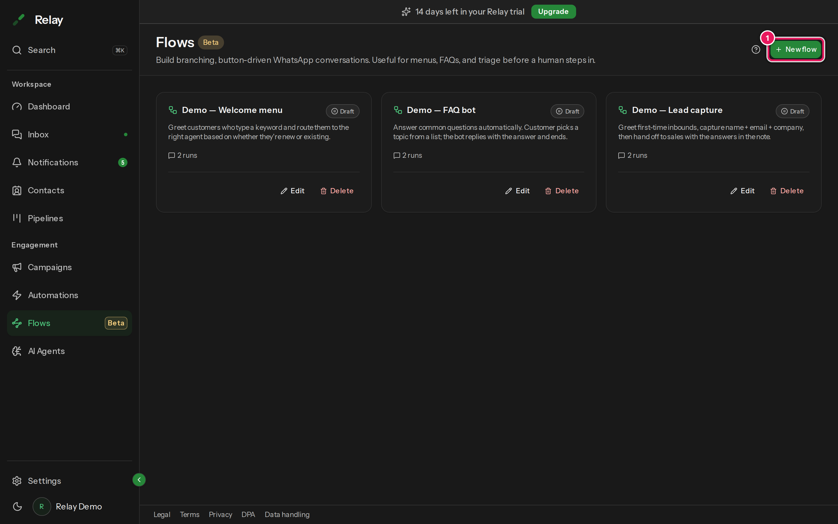 The Flows list page, showing three draft flow cards and the New flow button