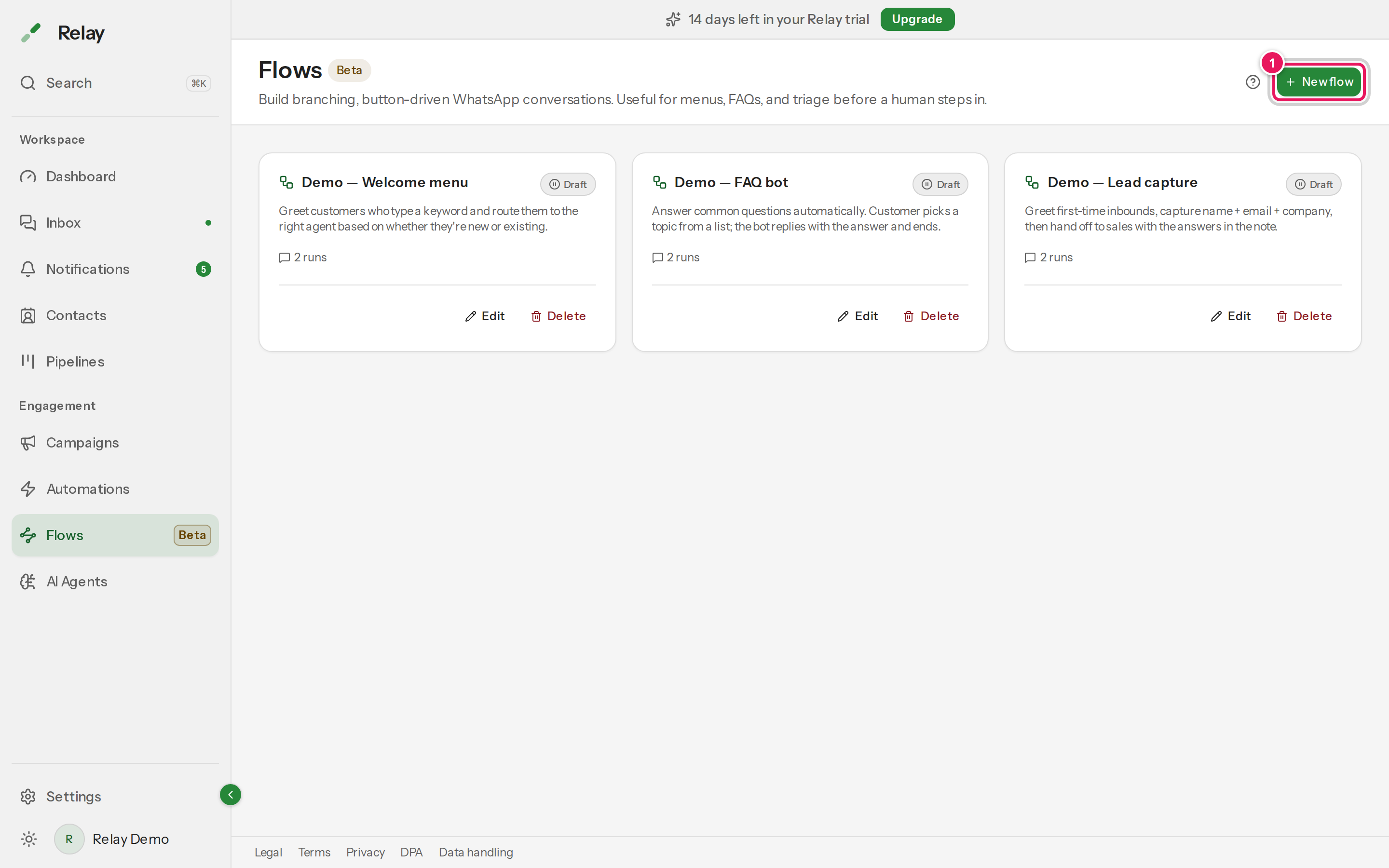 The Flows list page, showing three draft flow cards and the New flow button