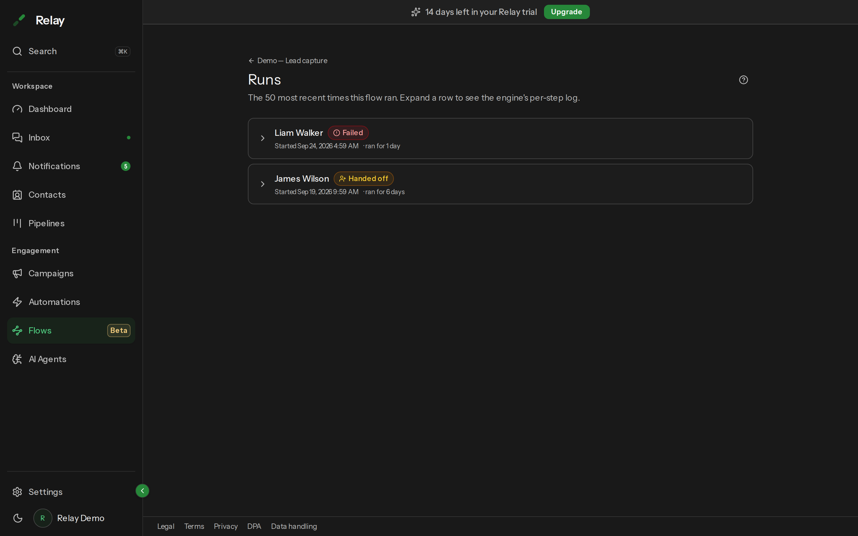 The Runs page for a flow, listing rows with contact name, status badge, current node, start time and duration