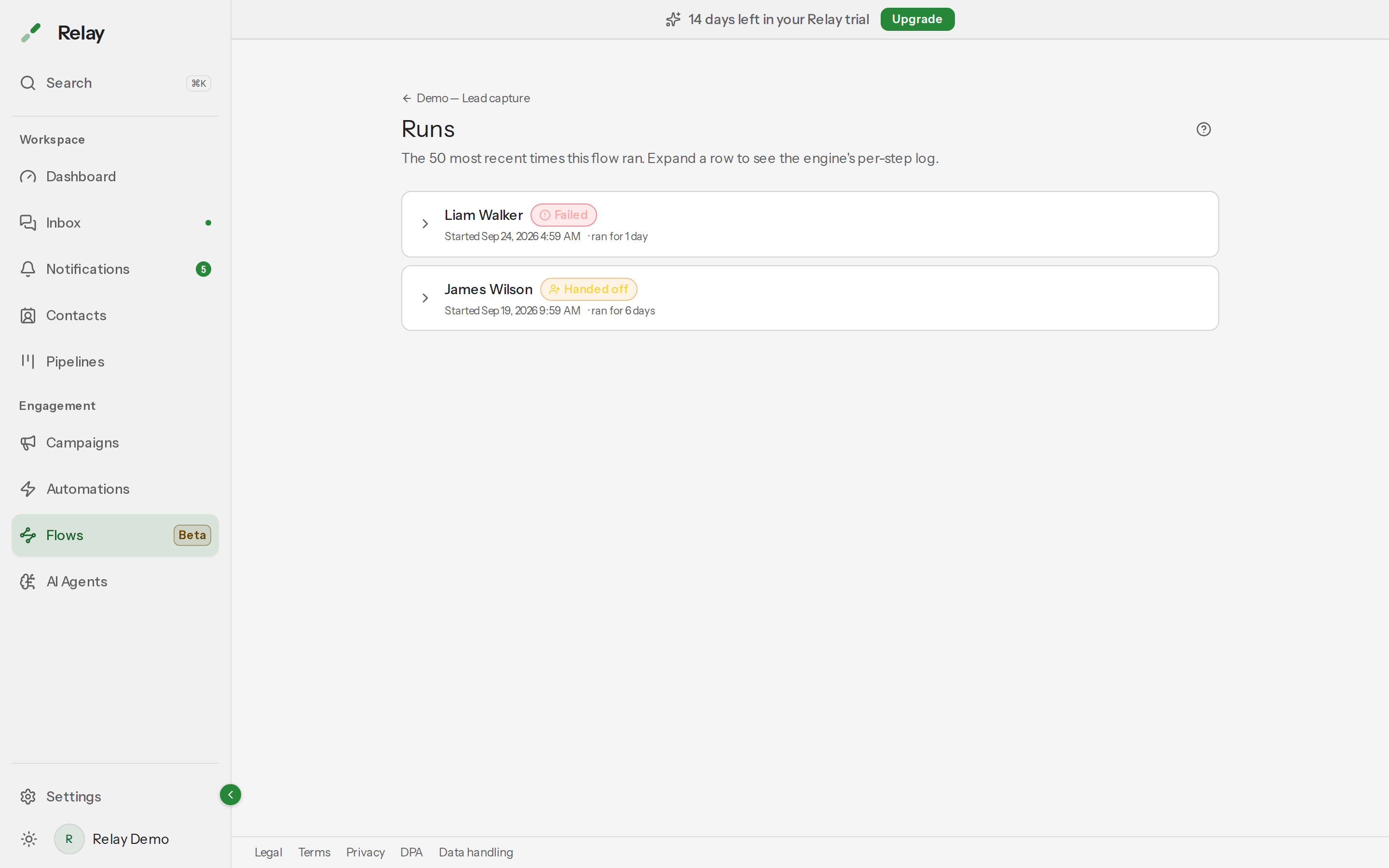 The Runs page for a flow, listing rows with contact name, status badge, current node, start time and duration
