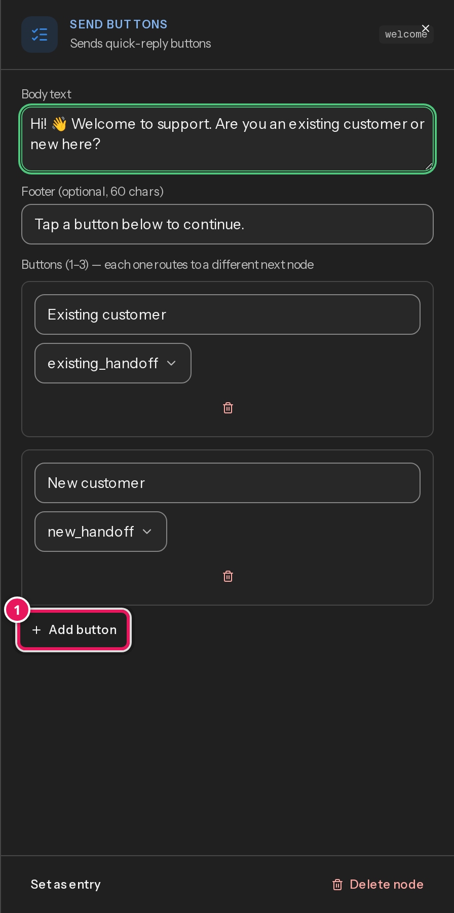 The Send buttons node editor open, with body text filled in and the Add button control highlighted