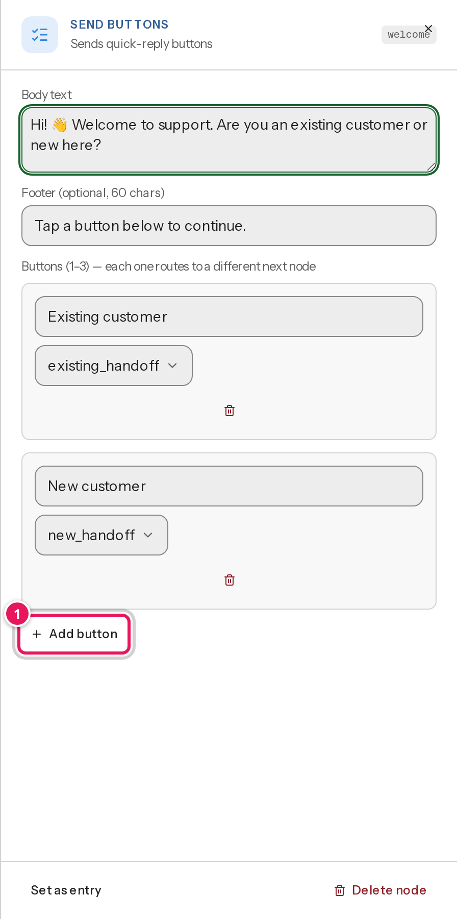The Send buttons node editor open, with body text filled in and the Add button control highlighted