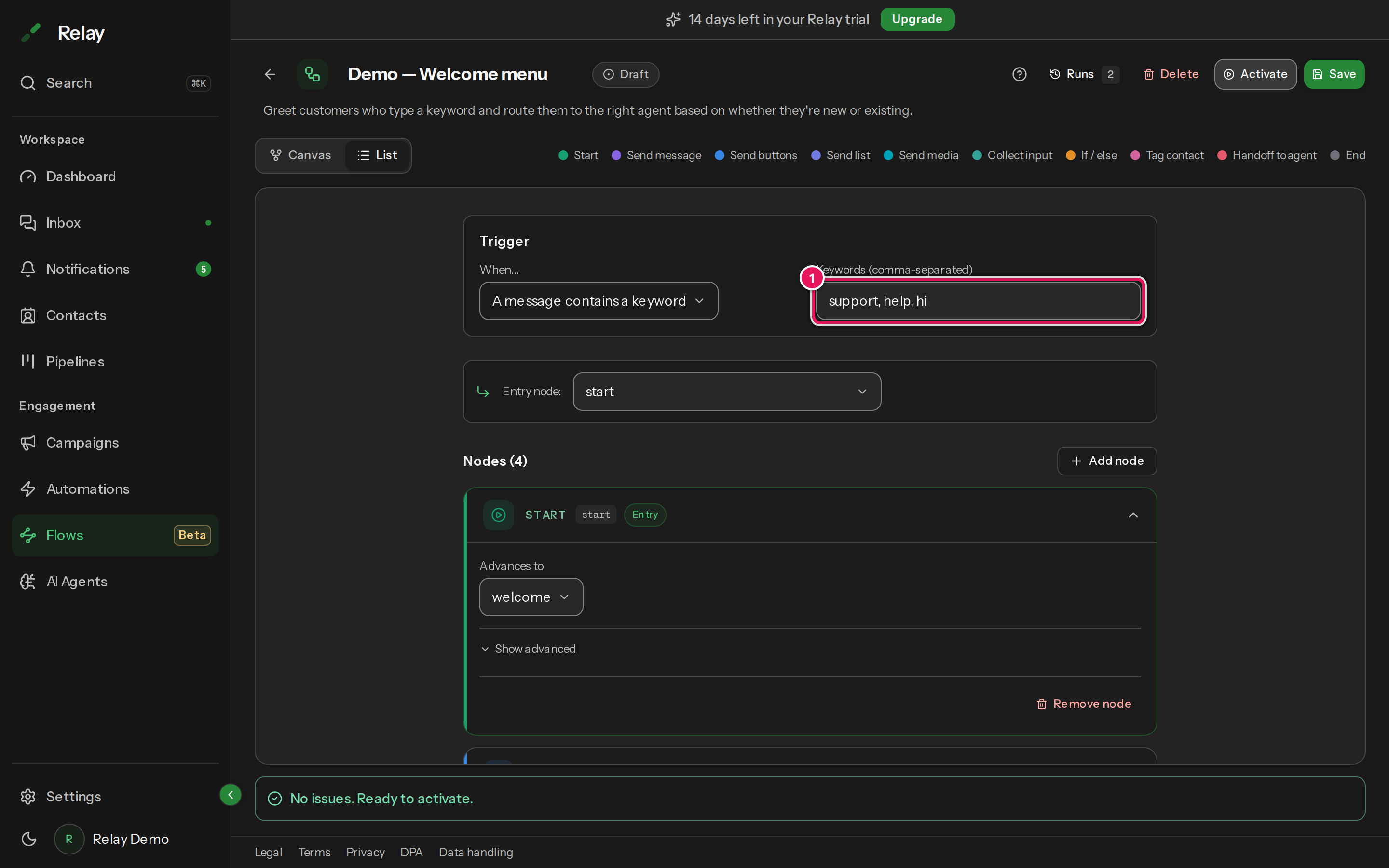 The keyword trigger fields, with the keywords input showing 'support, help, hi' highlighted