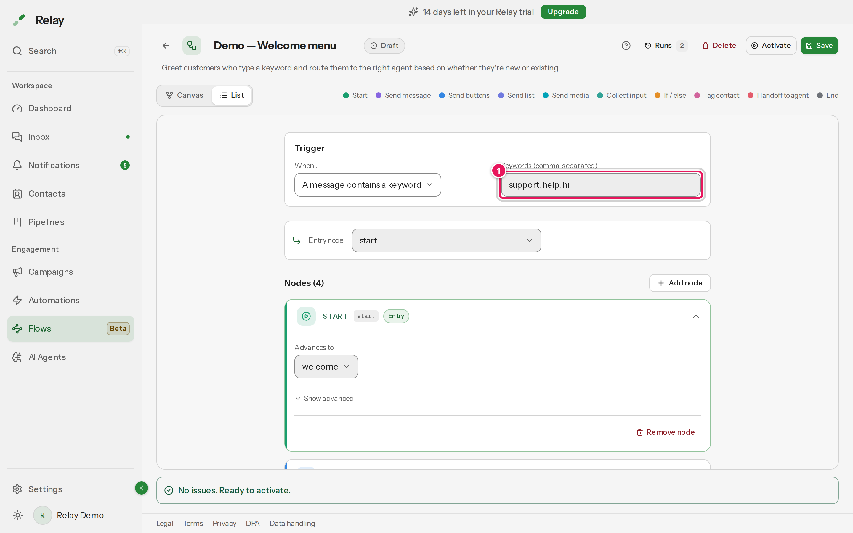 The keyword trigger fields, with the keywords input showing 'support, help, hi' highlighted