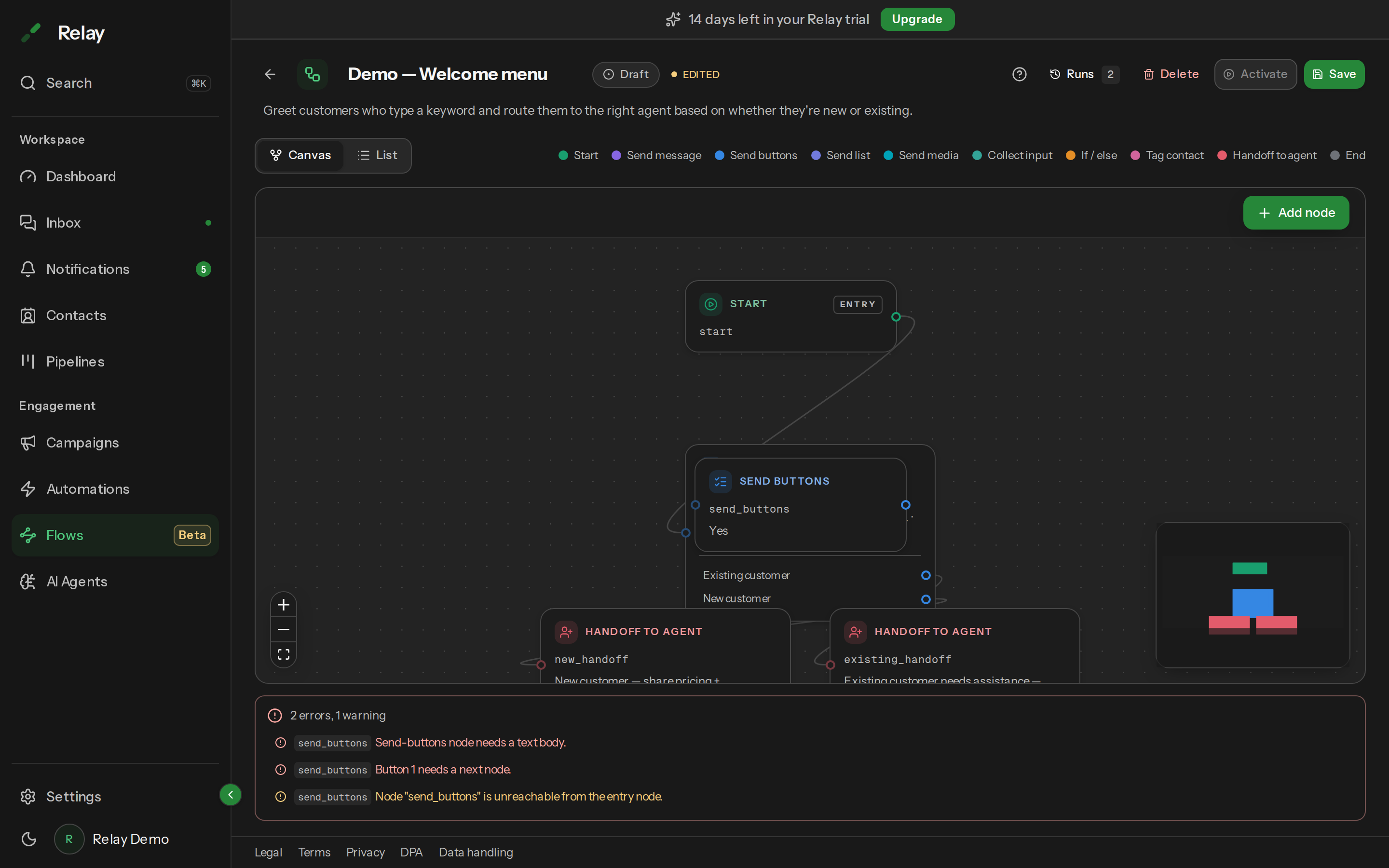 The validation panel showing two errors and one warning after an unconnected node was added to the canvas