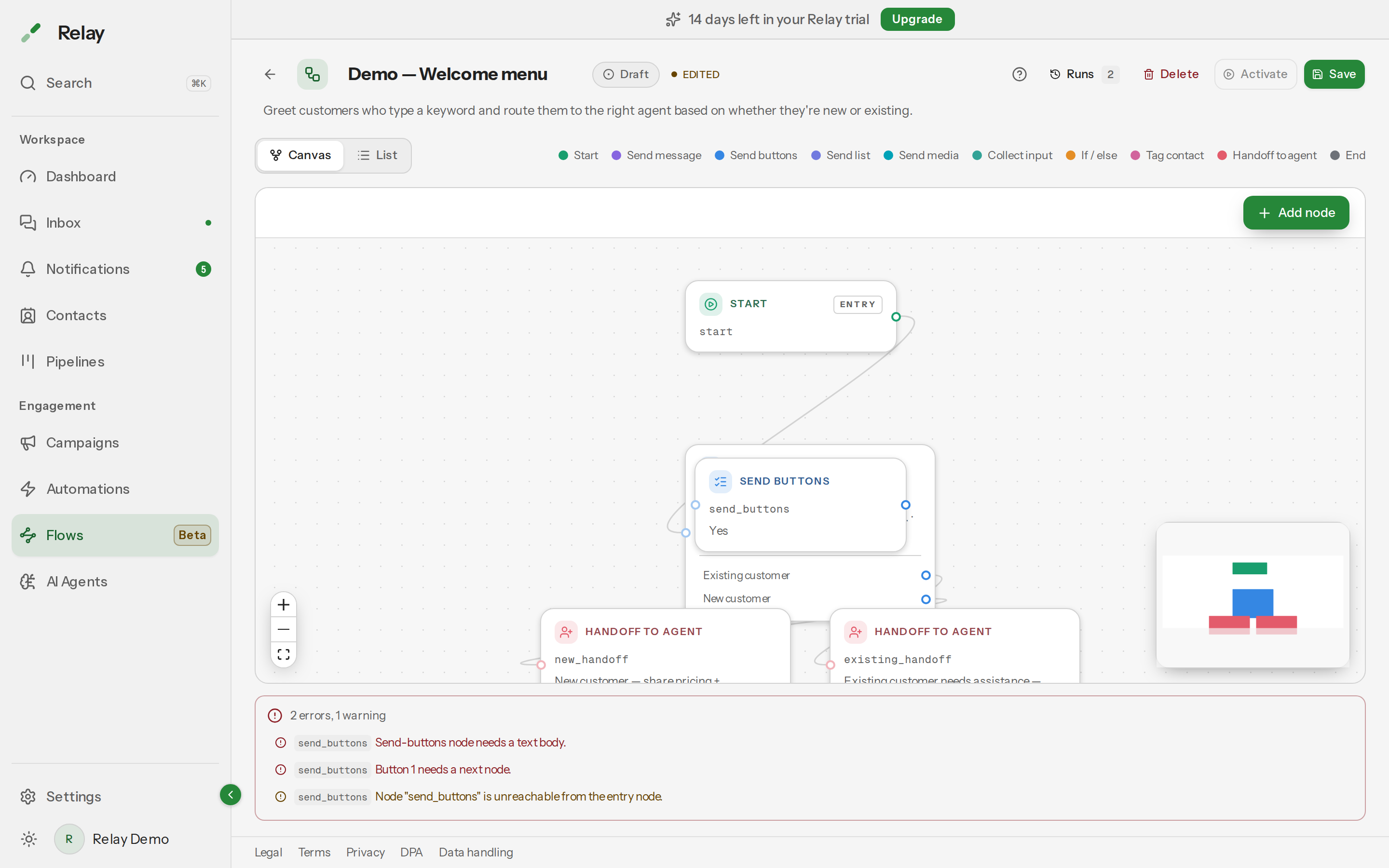 The validation panel showing two errors and one warning after an unconnected node was added to the canvas