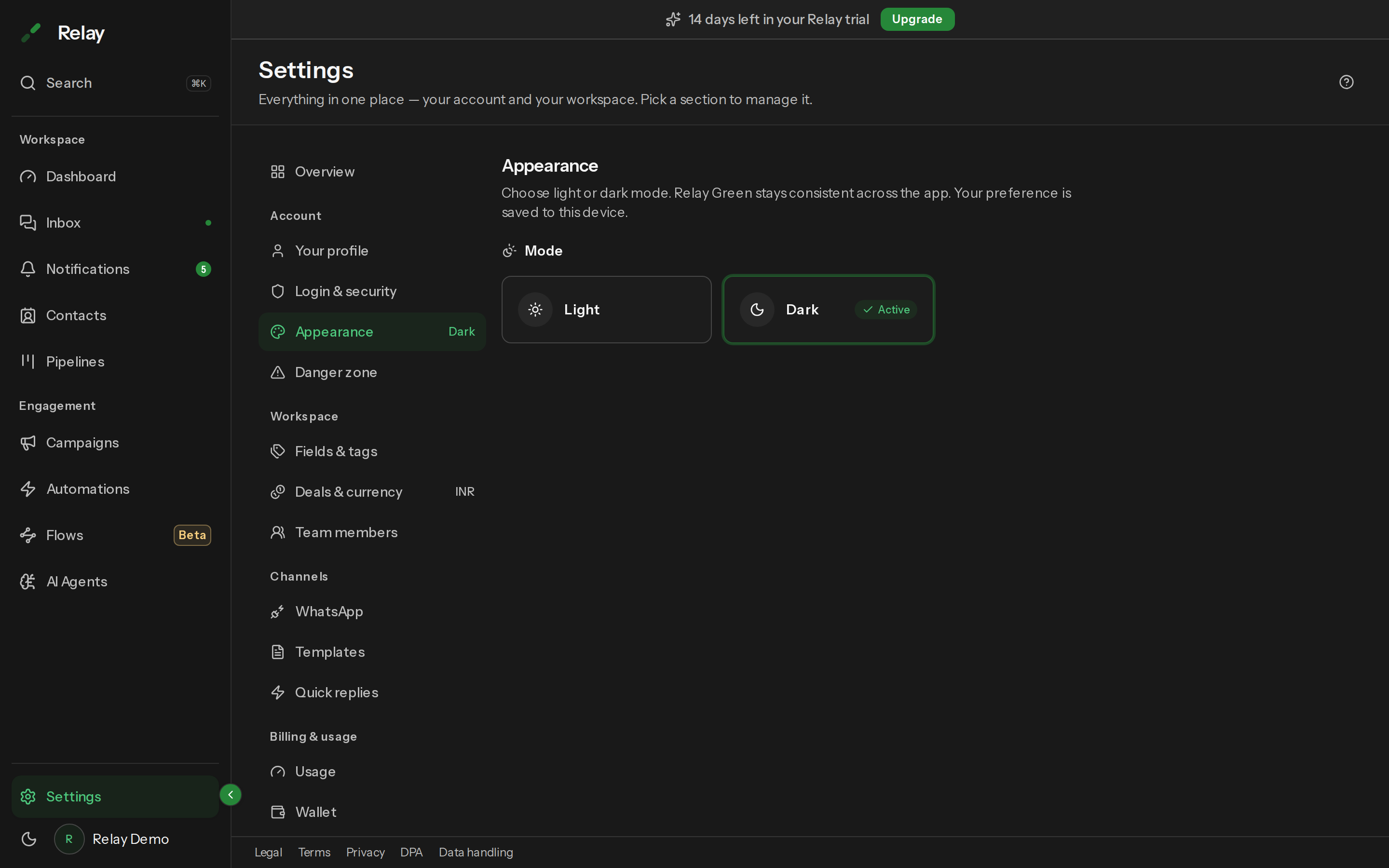 The Appearance settings panel with Light and Dark mode options