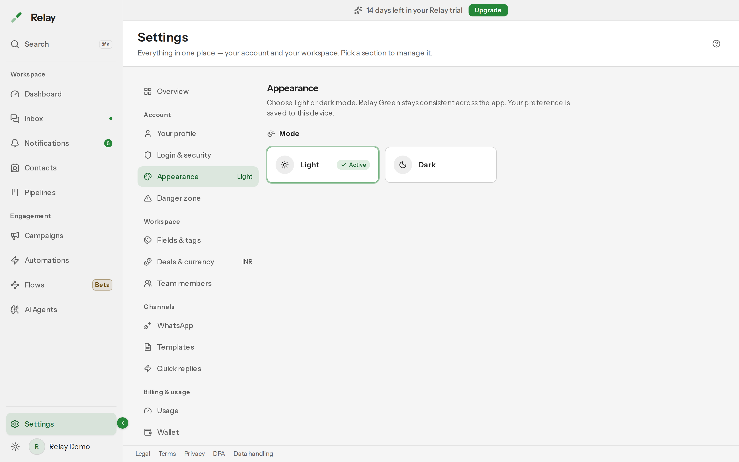 The Appearance settings panel with Light and Dark mode options